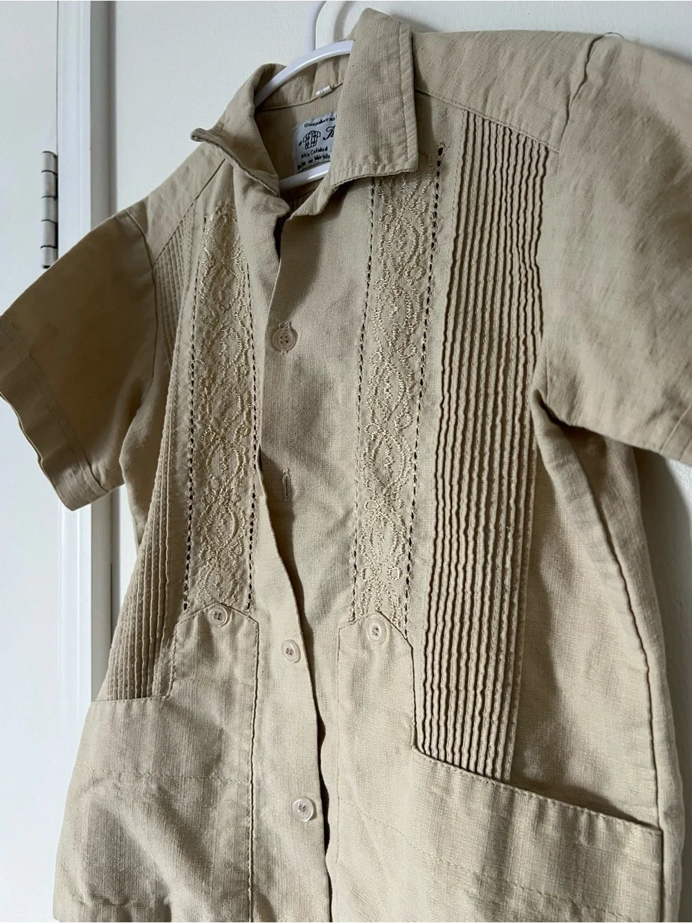 Kids Guayabera Shirt Size 8 Beige Embroidered Pintuck Mexico